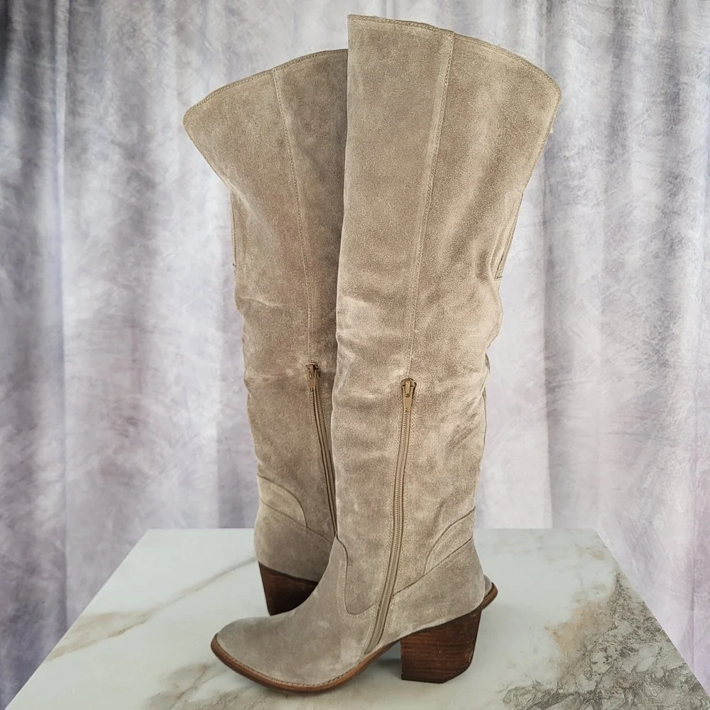 Jeffrey Campbell Size 7.5 Women's OAKMONT Taupe Distressed Suede Over Knee High